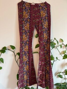 Floral Boho Flare Pants - Burgundy with Yellow and Navy